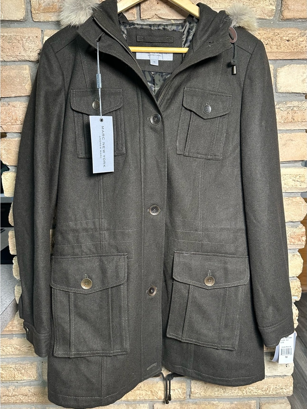 NWT Marc New York Women's Hooded Wool-Blend Aviator Coat in Dark Olive